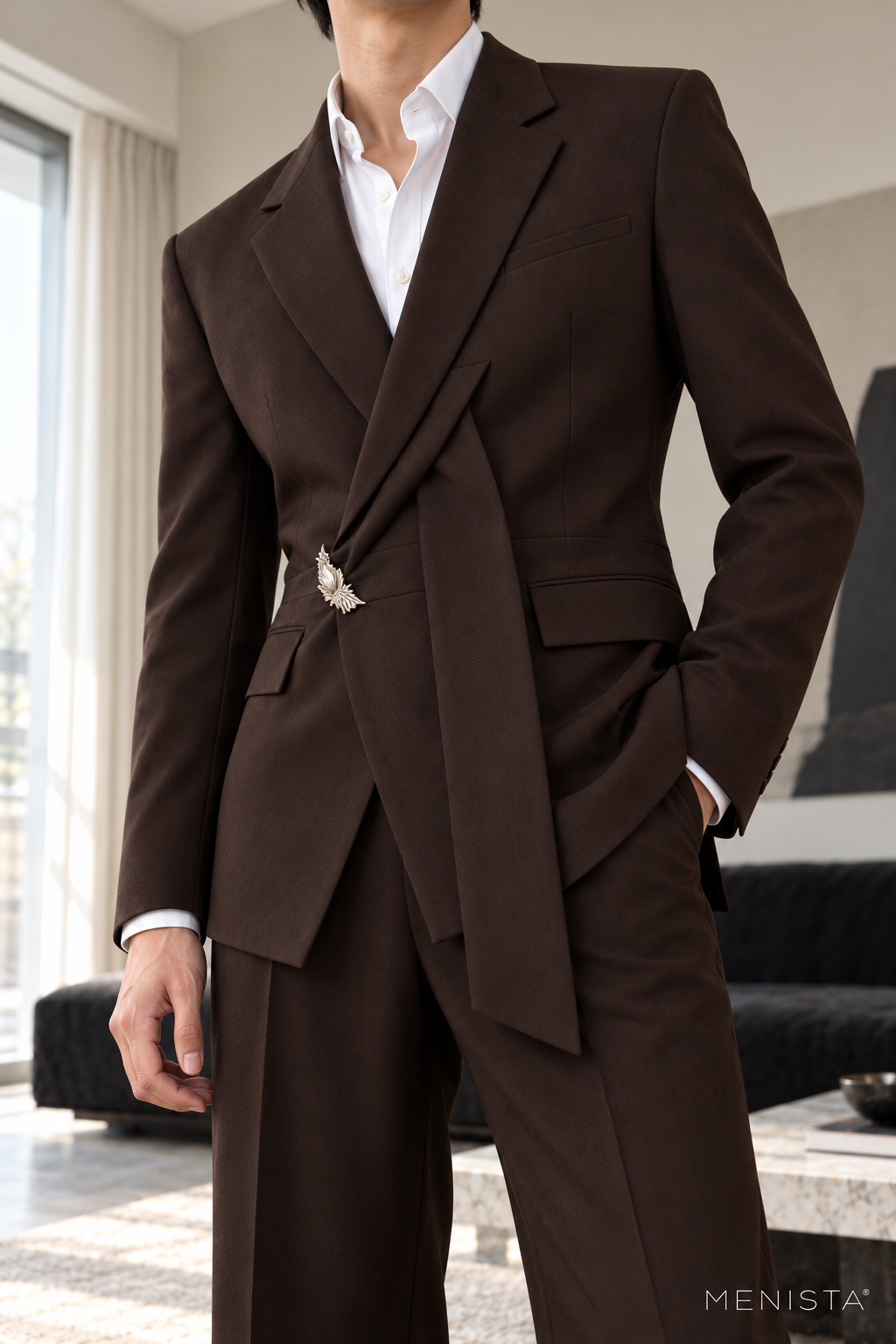 Hadrian Espresso Brown Asymmetric Wrap 2PC Suit - garment close-up showing tailoring details