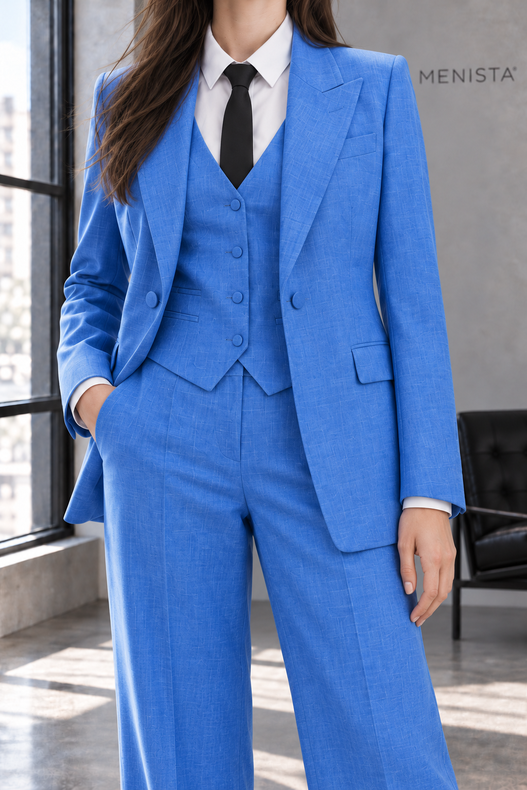 Close-up of Leontine jacket lapels, fastening, fabric and seams.