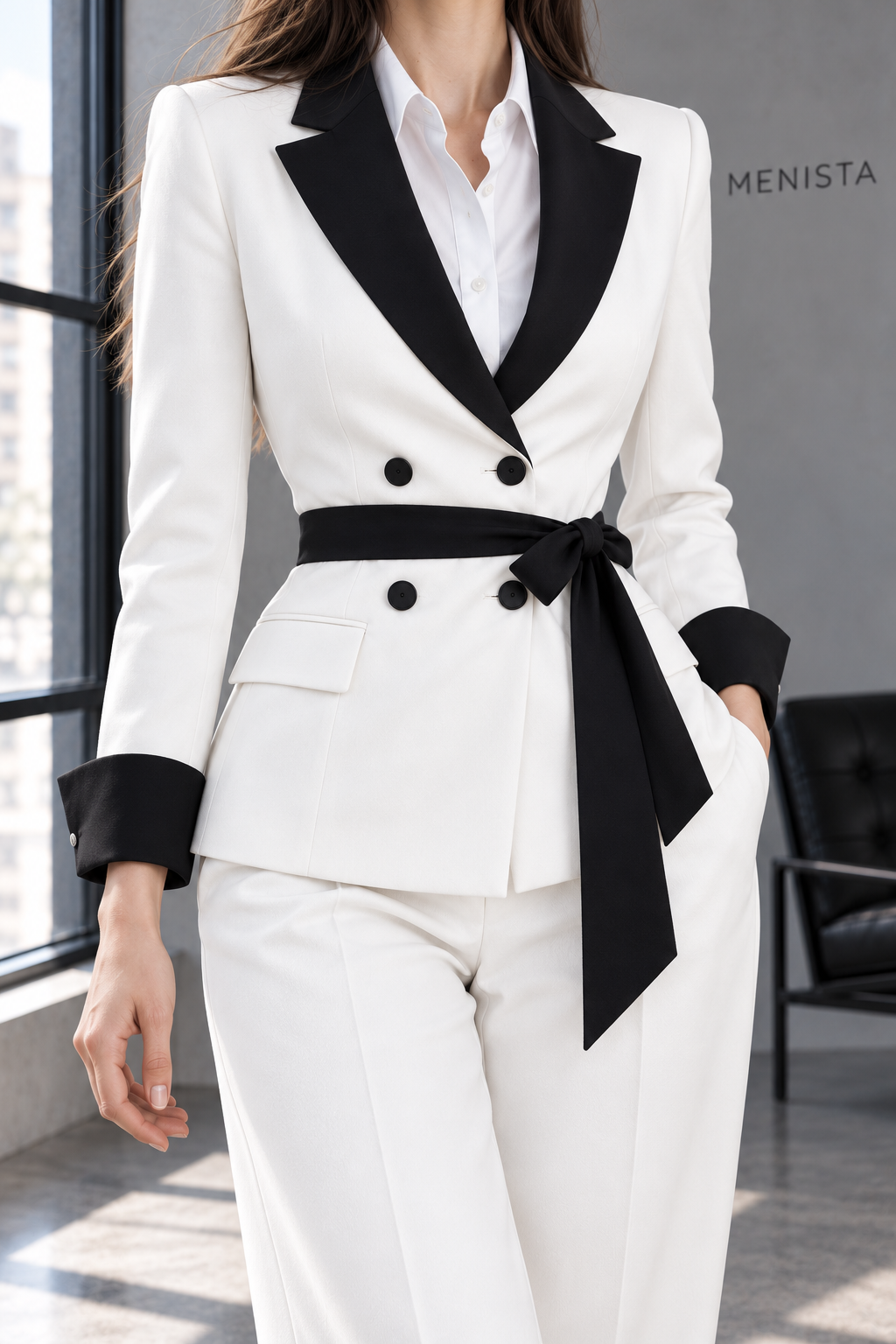 Close-up of Aveline jacket lapels, fastening, fabric and seams.