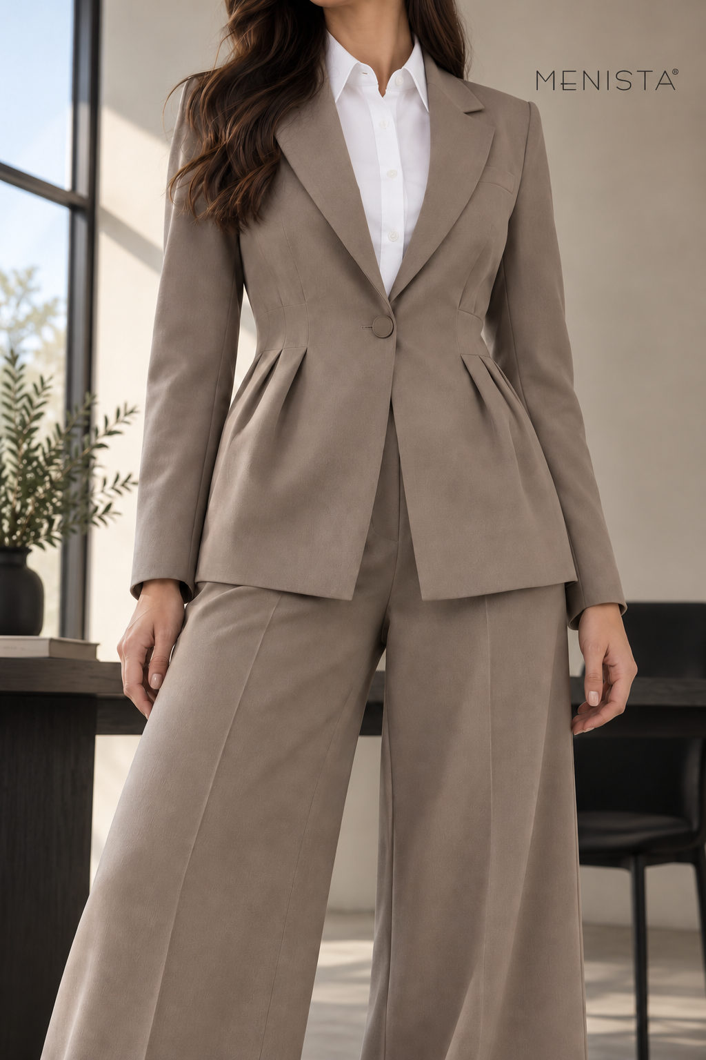 Menista women’s taupe pleated-waist wide-leg two-piece suit — close-up showing jacket lapels, buttons and white formal shirt.