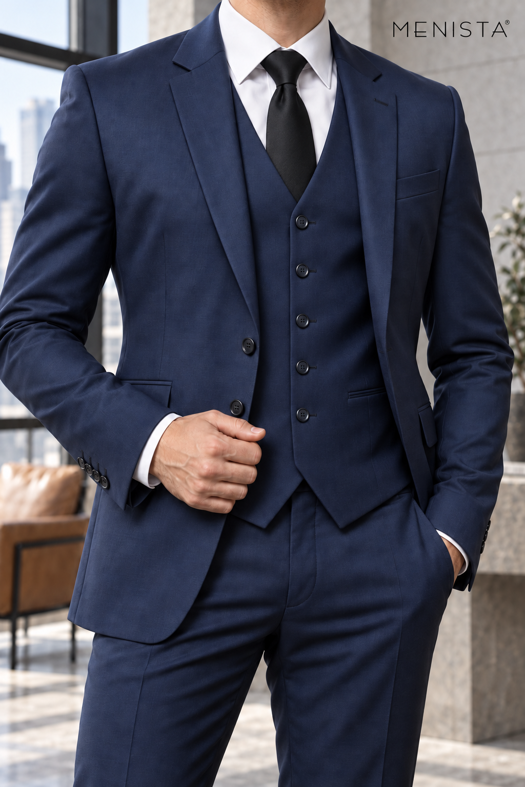 Close-up of navy notch lapels, two plastic jacket buttons and matching five-button waistcoat.