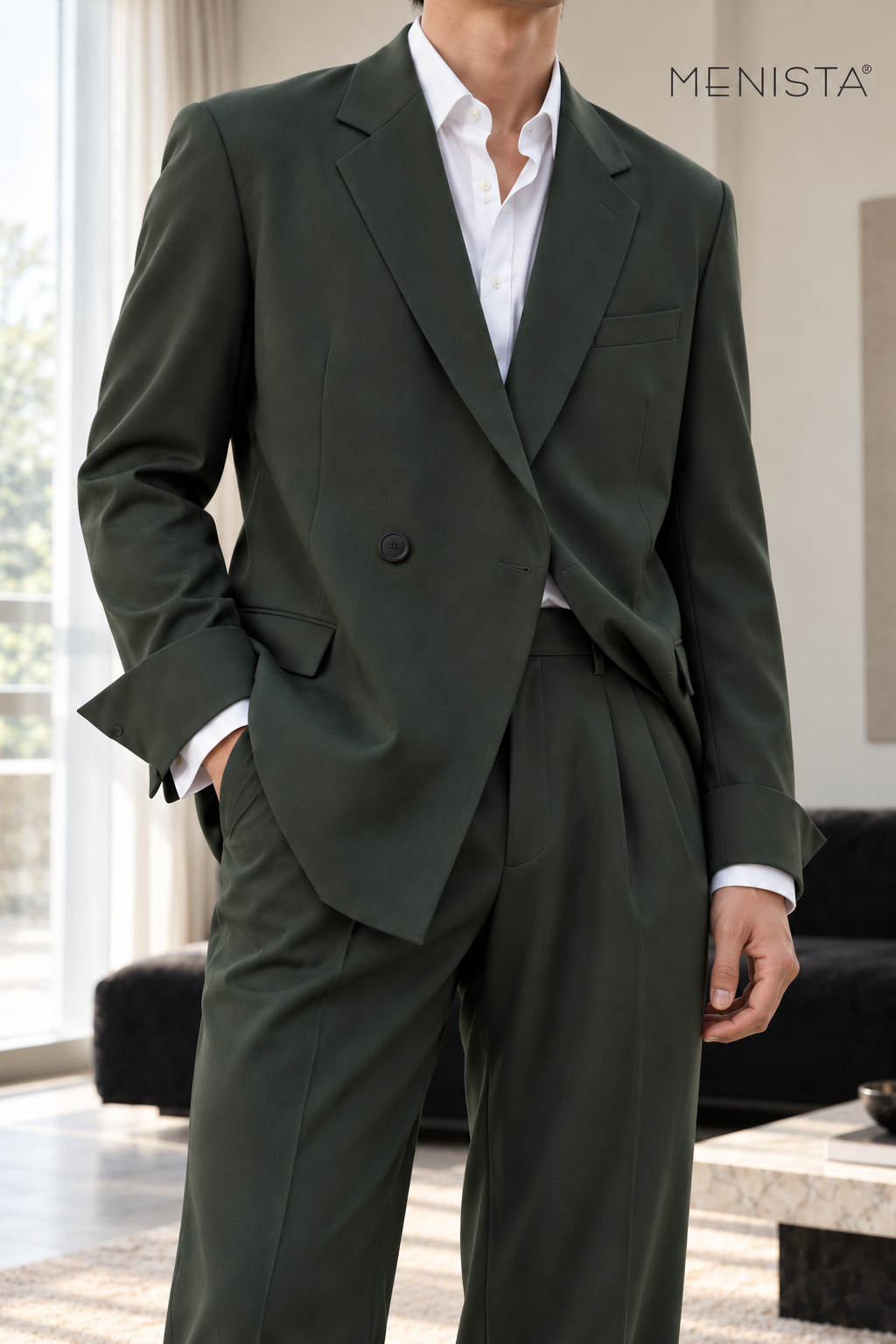 Isandro Forest Green Wrap-Front 2PC Suit - garment close-up showing tailoring details