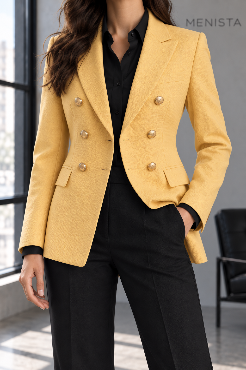 Close-up of Honora jacket lapels, fastening, fabric and seams.