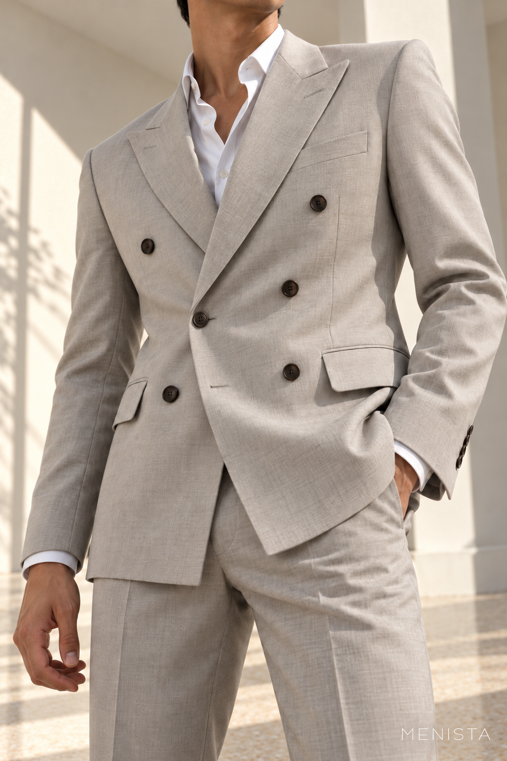Kieran Light Grey Peak-Lapel Double-Breasted 2PC Suit - garment close-up showing tailoring details