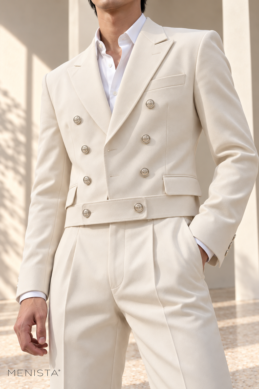 Corvin Ivory Eight-Button Cropped Double-Breasted 2PC Suit - garment close-up showing tailoring details