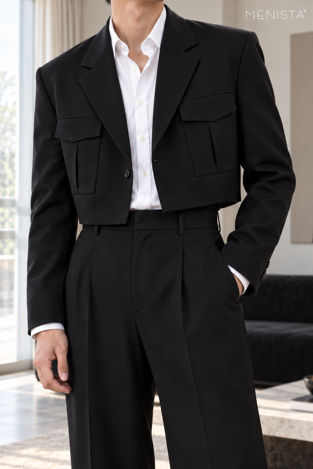 Lucero Black Utility-Pocket Cropped 2PC Suit - garment close-up showing tailoring details