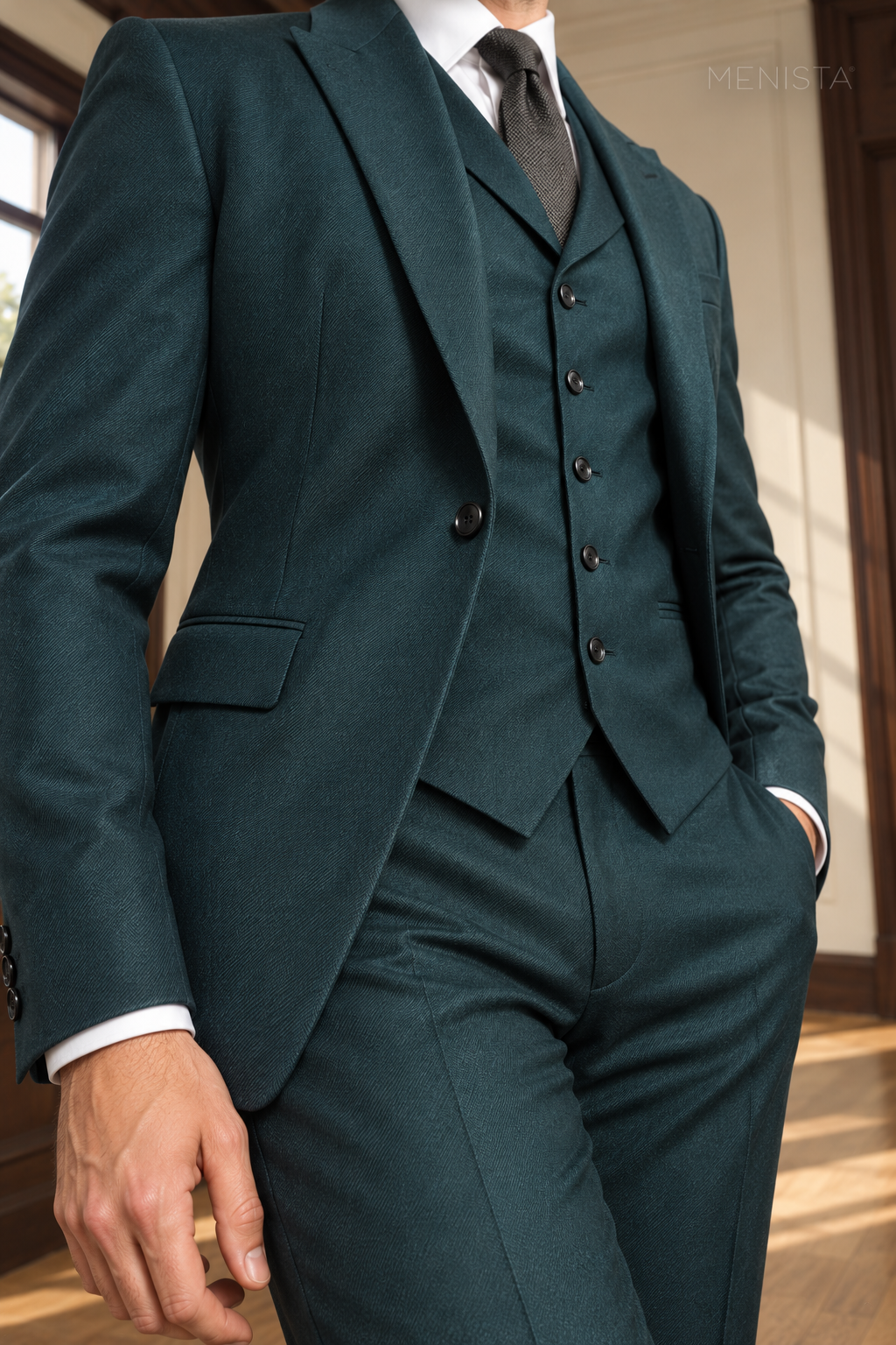 Silas Deep Teal Wool Twill 3PC Suit — close-up of fine twill, lapels and five-button collared waistcoat