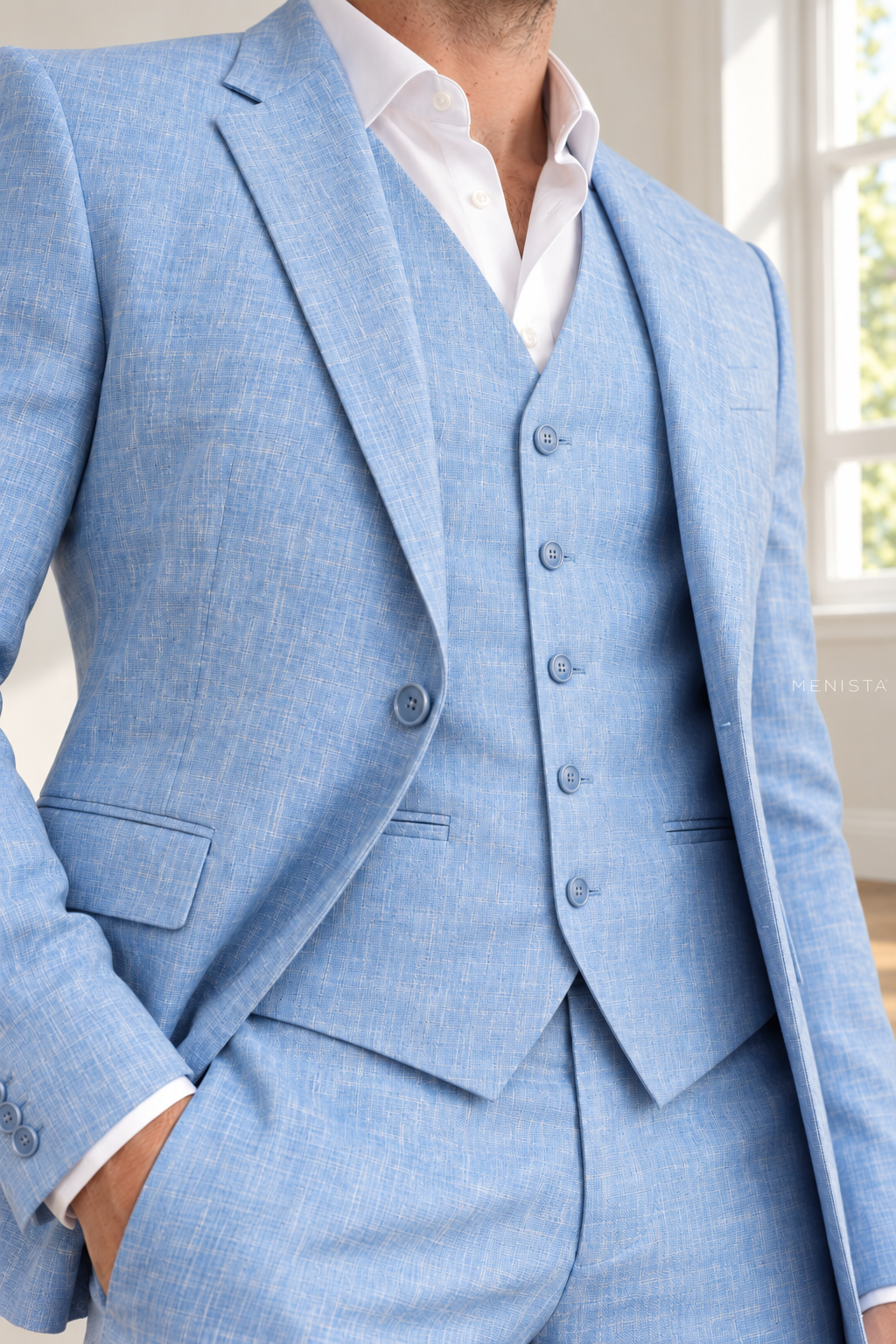 Azzurro Sky Blue 100% Linen 3PC Suit — close-up of linen weave, lapels and buttons