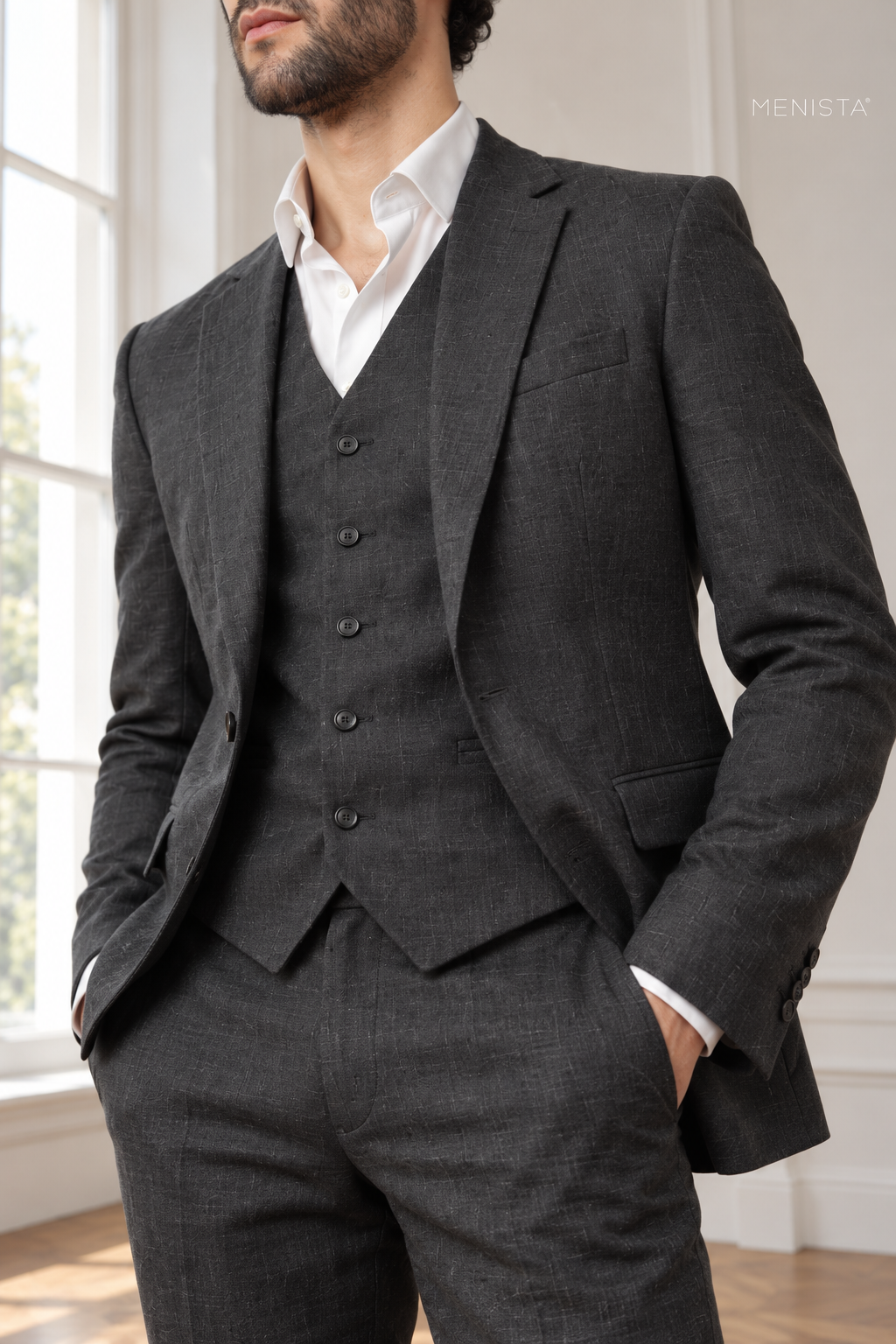 Ombra Dark Charcoal 100% Linen 3PC Suit — close-up of linen weave, lapels and buttons