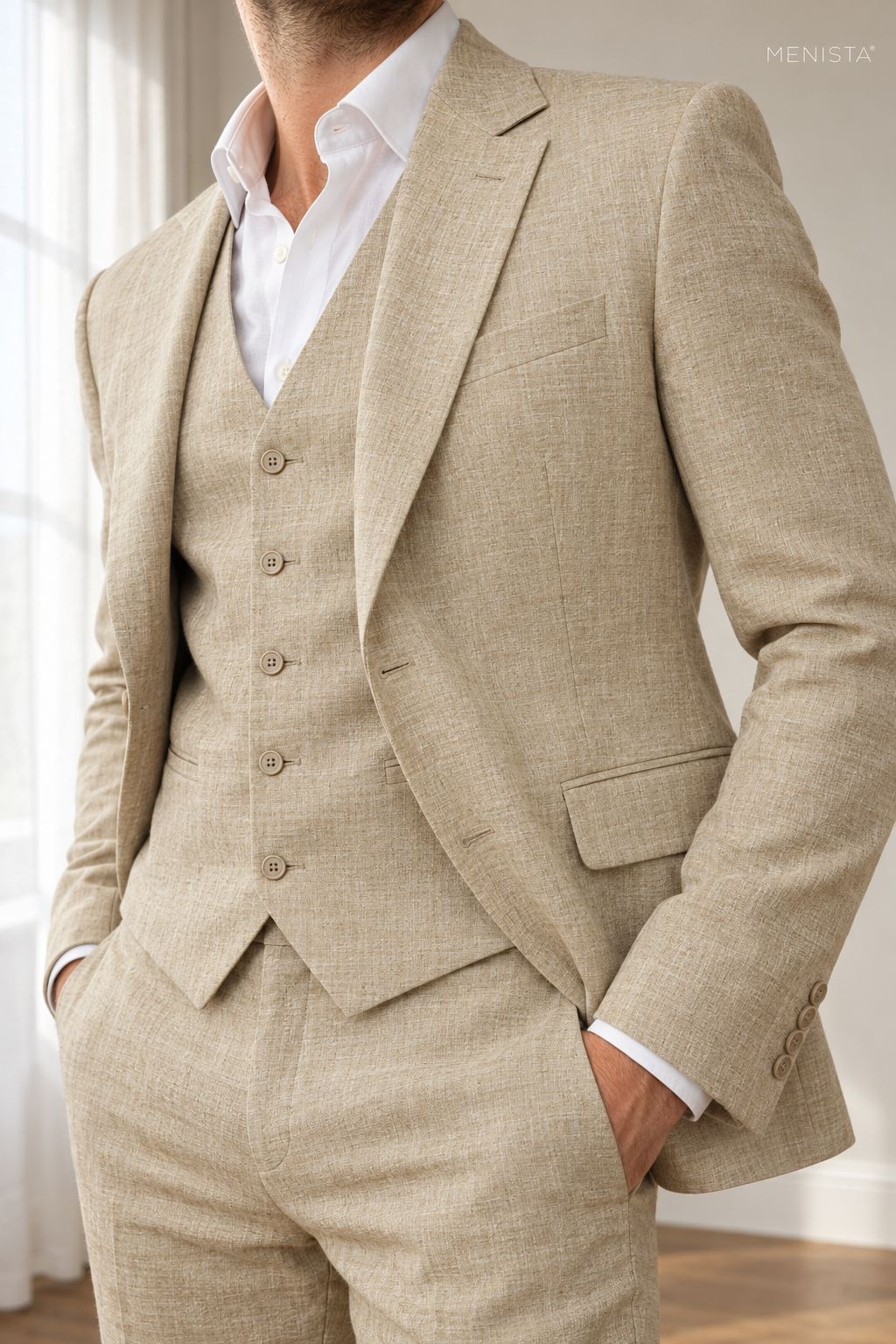 Sabbia Natural Beige 100% Linen 3PC Suit — close-up of linen weave, lapels and buttons