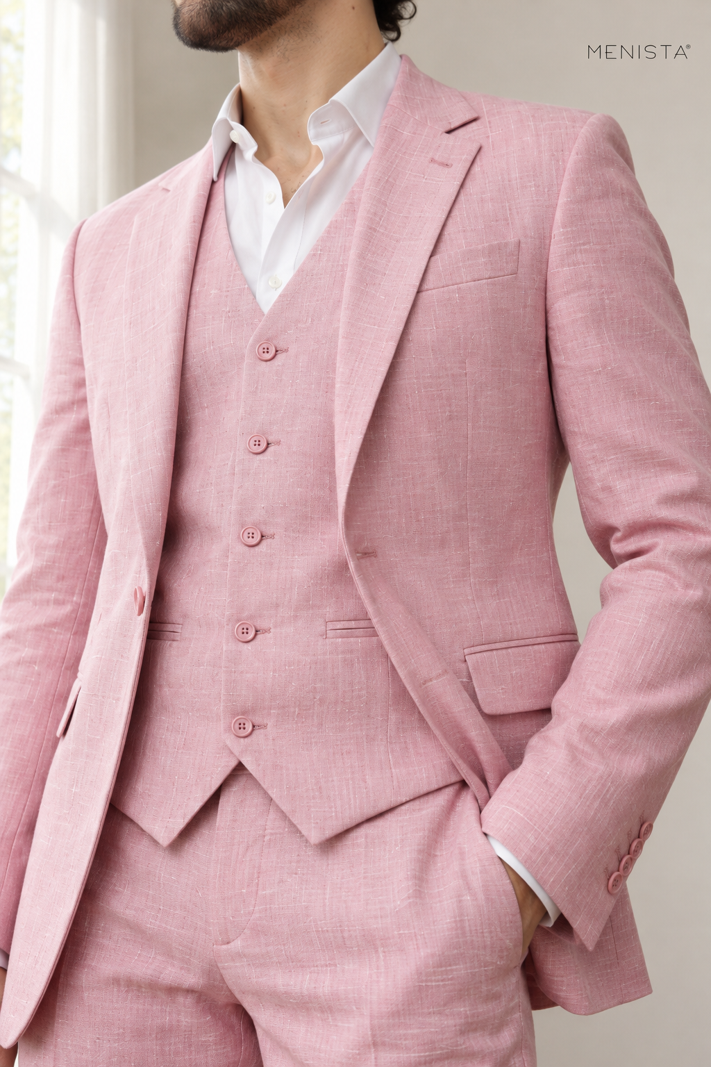 Rosato Cherry Blossom Pink 100% Linen 3PC Suit — close-up of linen weave, lapels and buttons