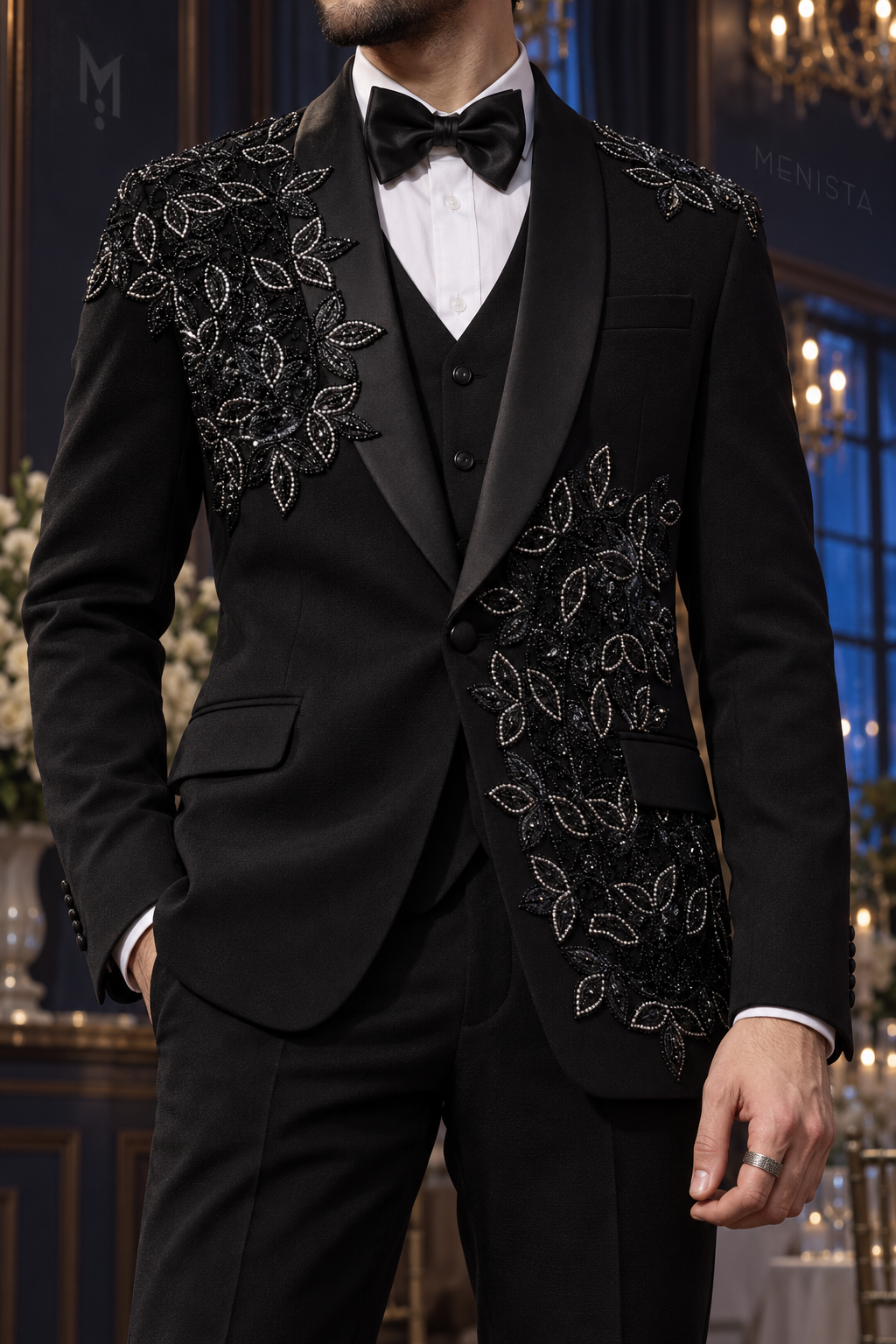 Close-up of Ronan Black Leaf Beaded 3PC Tuxedo showing asymmetric leaf beadwork, satin shawl lapels and single jacket button.