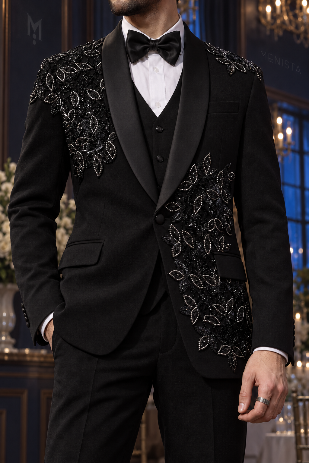 Close-up of Ronan Black Leaf Beaded 3PC Tuxedo showing asymmetric leaf beadwork beneath plain satin shawl lapels and a single jacket button.