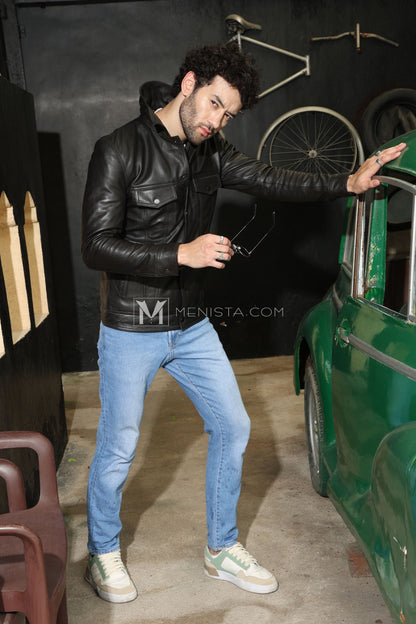 Menista Men's Black Leather Jacket - Casual Stylish Look