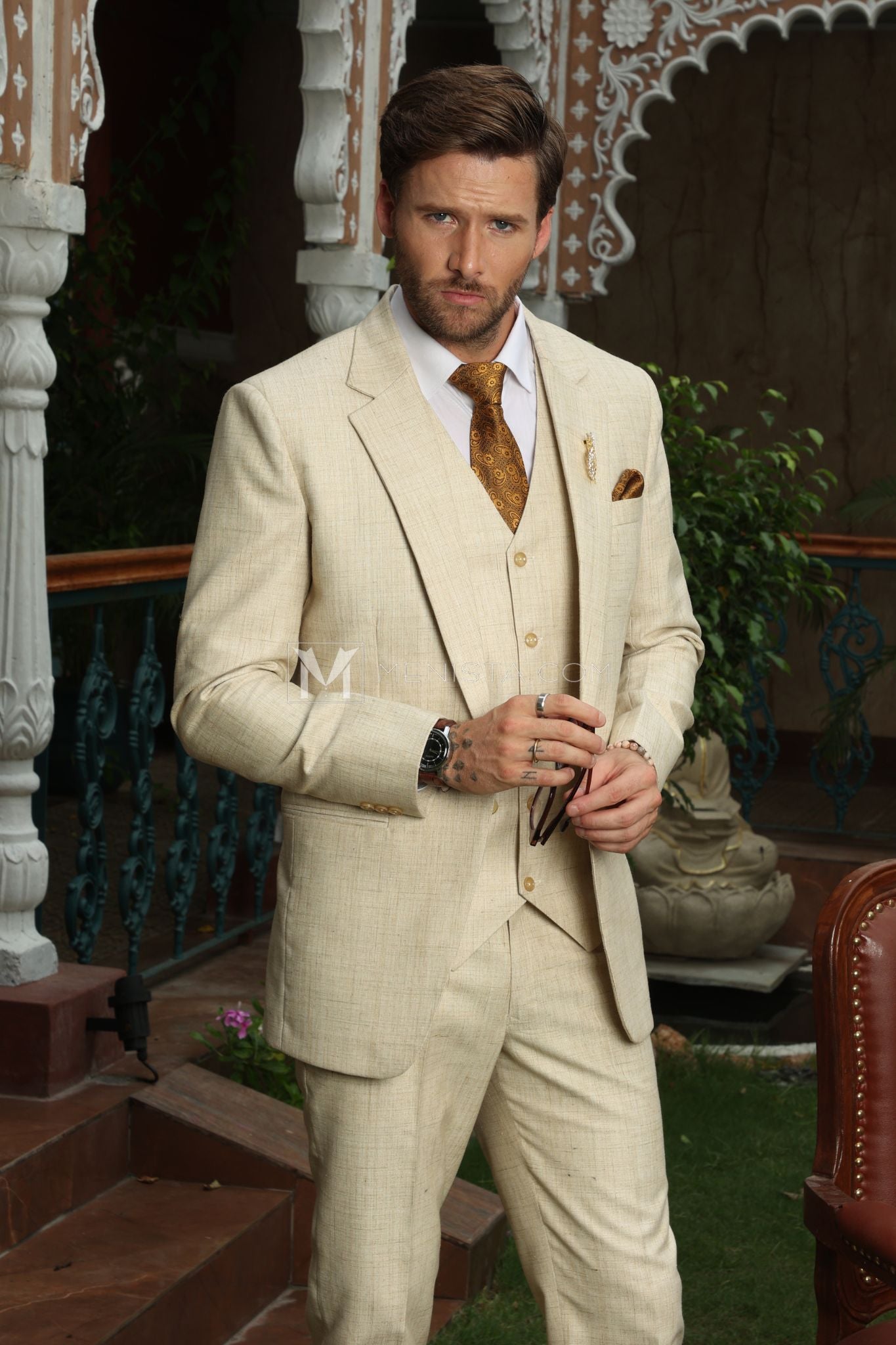 Sophisticated Beige 3-Piece Suit by Menista – Single-Breasted, Unique Men's Formal Suit