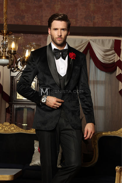 Luxurious Velvet Black Suit for Men with Rose Lapel Pin – Ideal for Weddings and Special Events | Menista