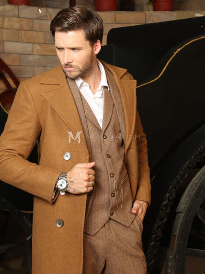 Brown Men’s Long Coat by Menista - Classic Tailored Fit for Refined Style