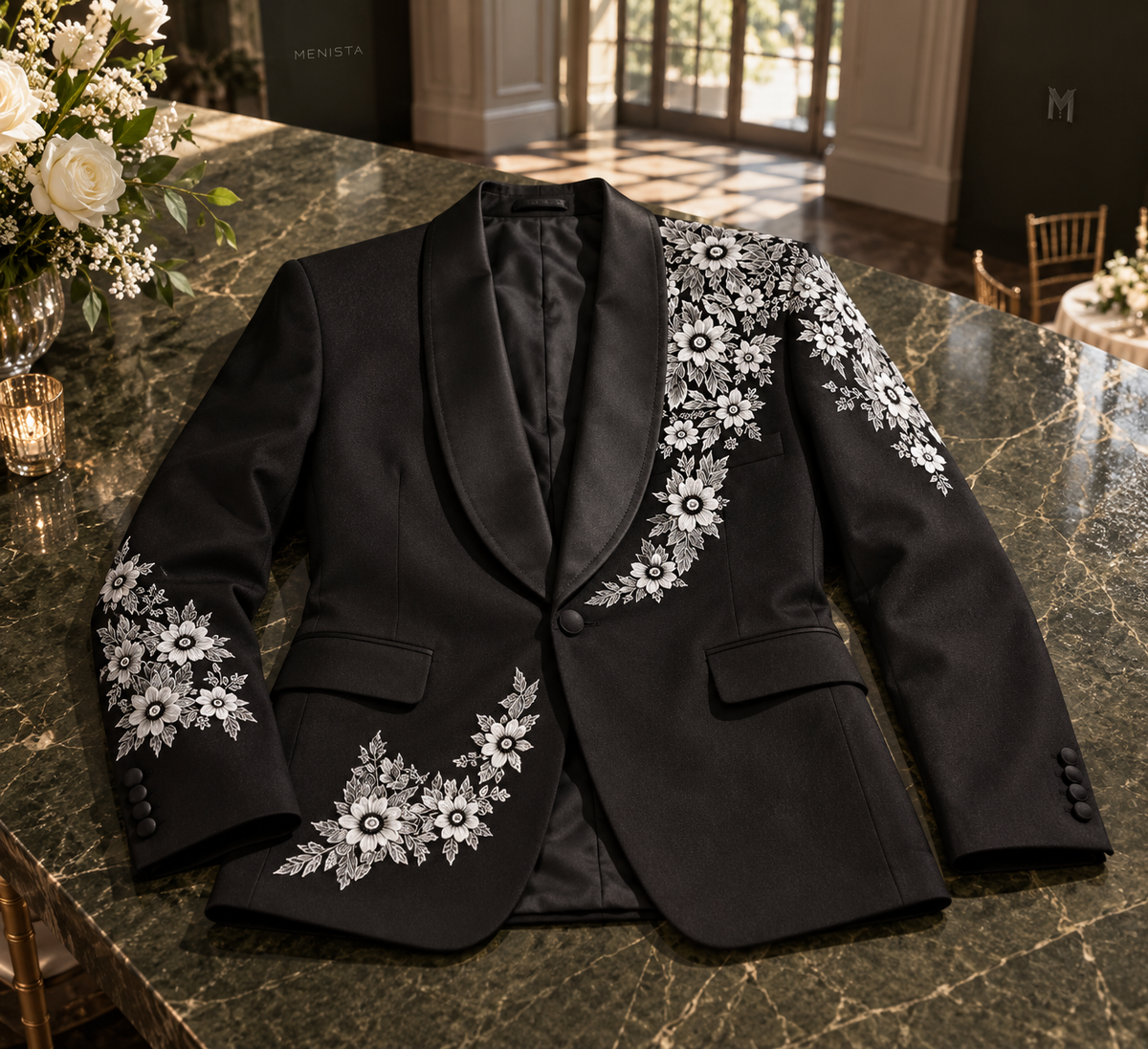 Alaric white daisy embroidered black jacket wholly supported on a flat olive marble table, with one front button and four cuff buttons per sleeve.