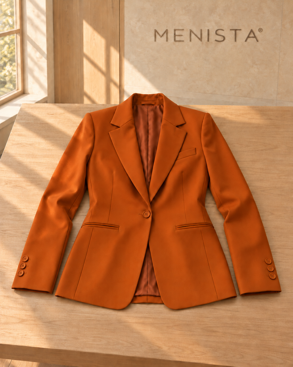 The jacket from the women’s burnt-orange jacket, four-button waistcoat and matching flared trousers, resting flat with naturally supported sleeves.