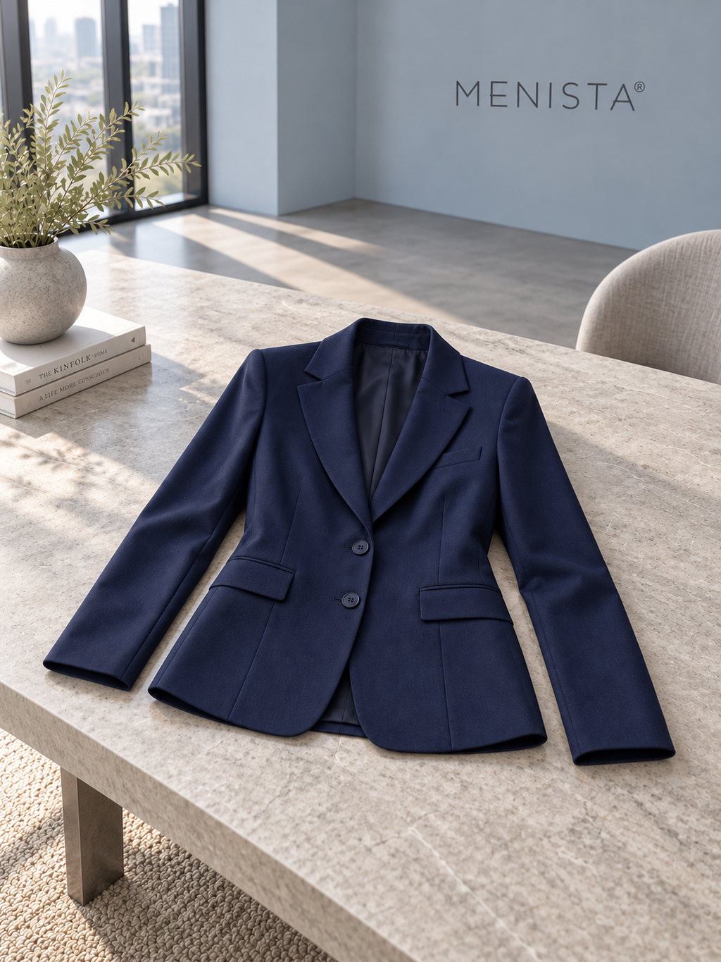 The jacket from the women’s navy two-button jacket, four-button waistcoat and matching wide-leg trousers, resting flat with naturally supported sleeves.