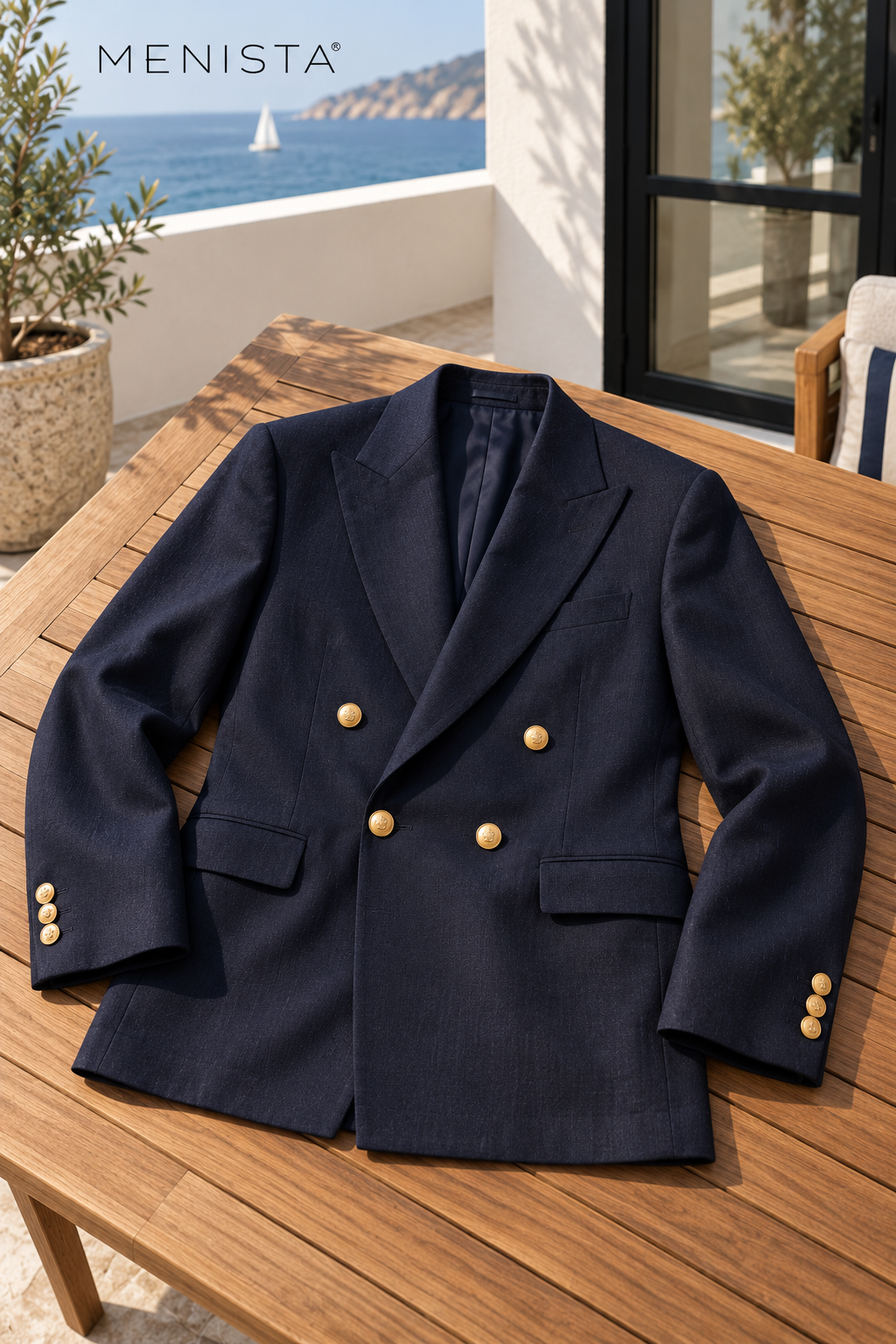 Navy double-breasted blazer resting flat on a teak table, showing four gold front buttons and three cuff buttons per sleeve.