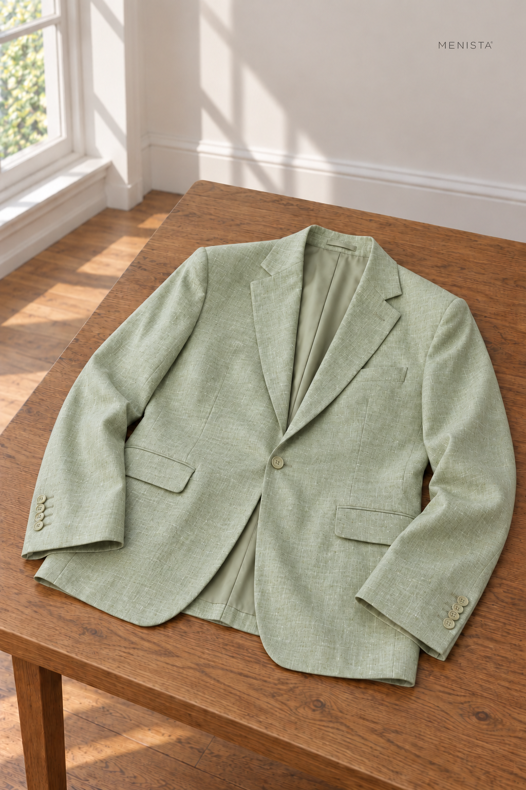 Salvia Sage Mist 100% Linen 3PC Suit — jacket resting naturally on a flat surface