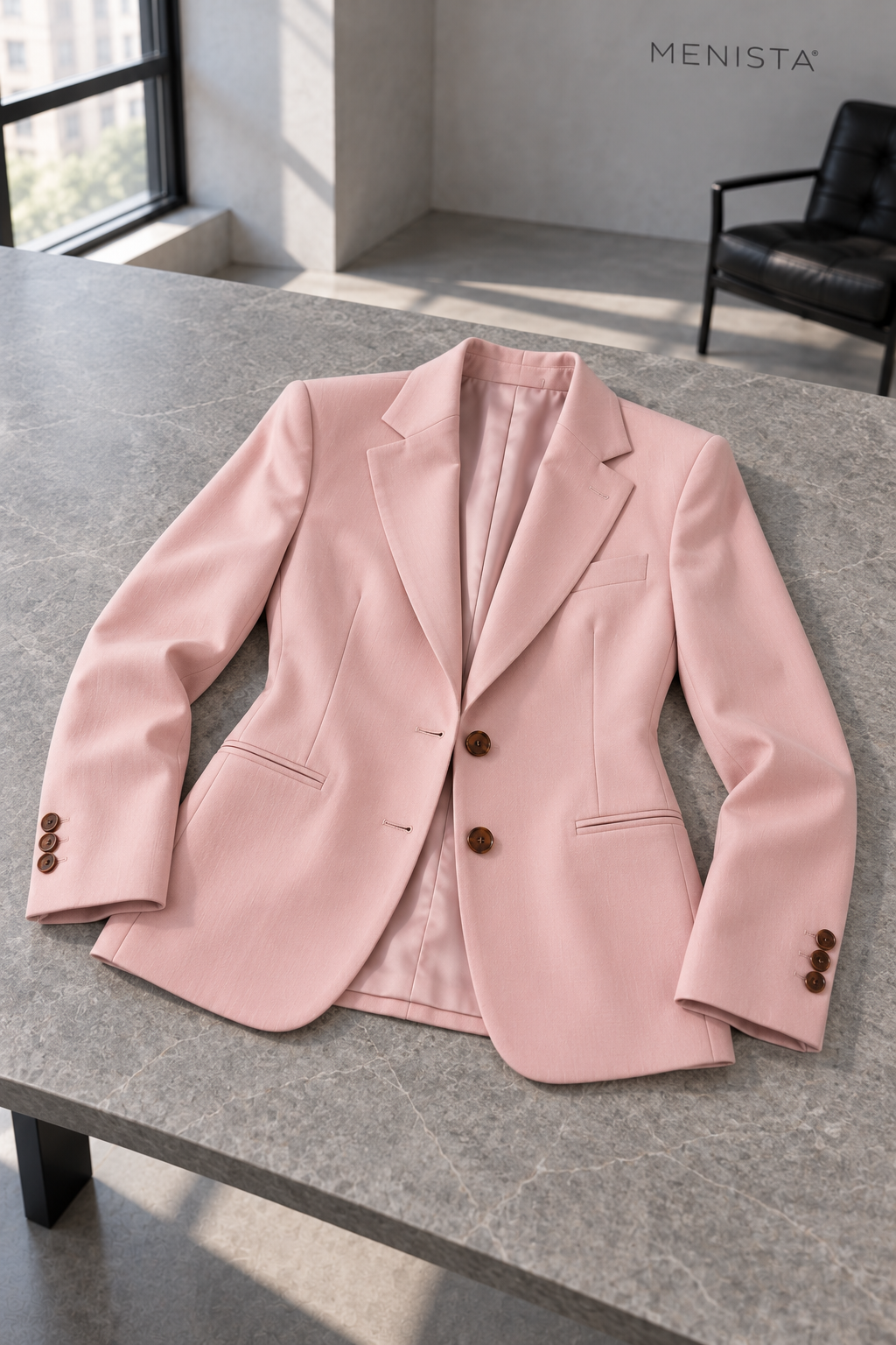 Cressida blush-pink two-button jacket spread flat on a stone table, showing notch lapels, jetted pockets and supported sleeves.