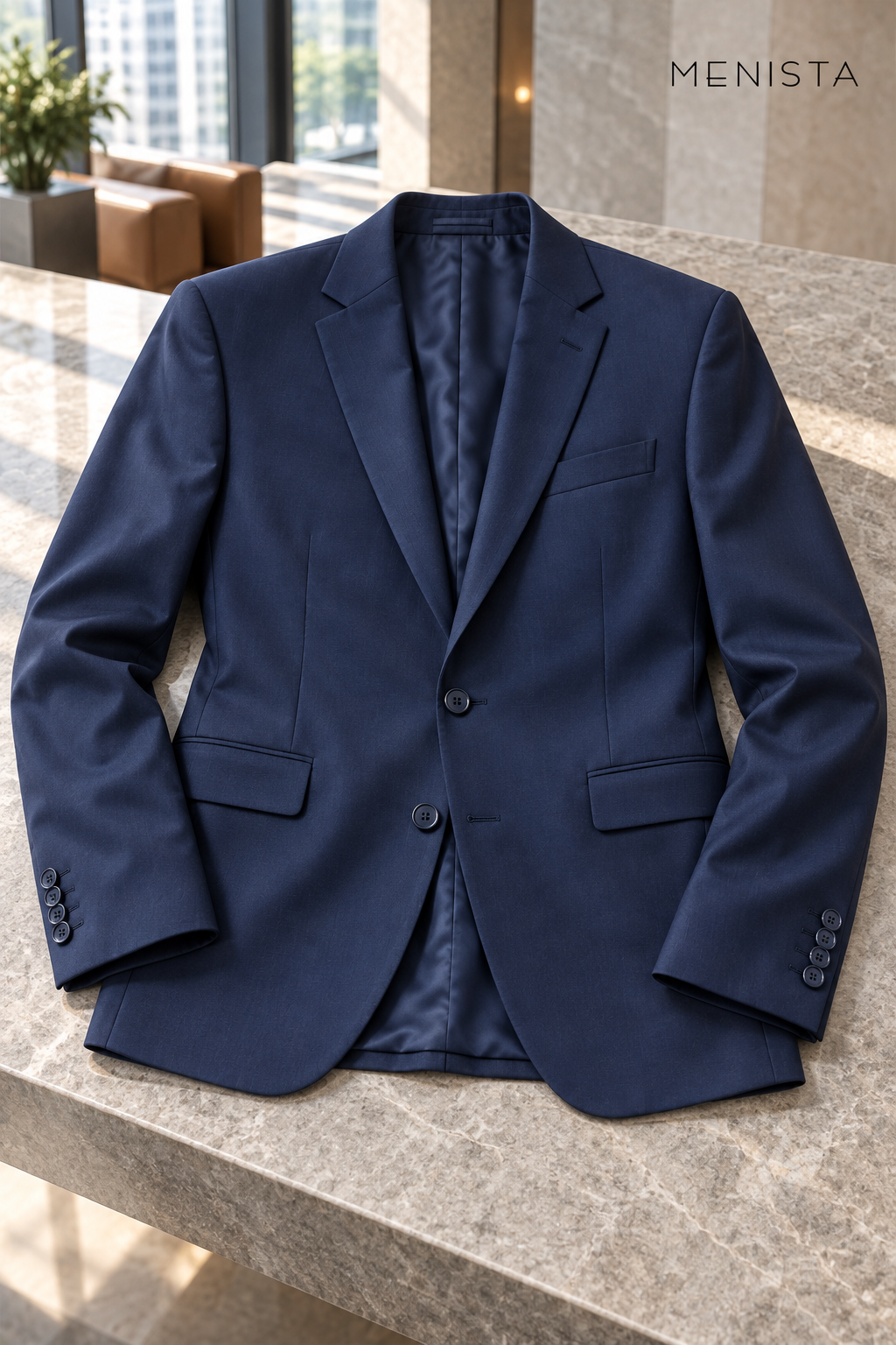 Navy two-button notch-lapel jacket resting flat with flap pockets and supported sleeves.