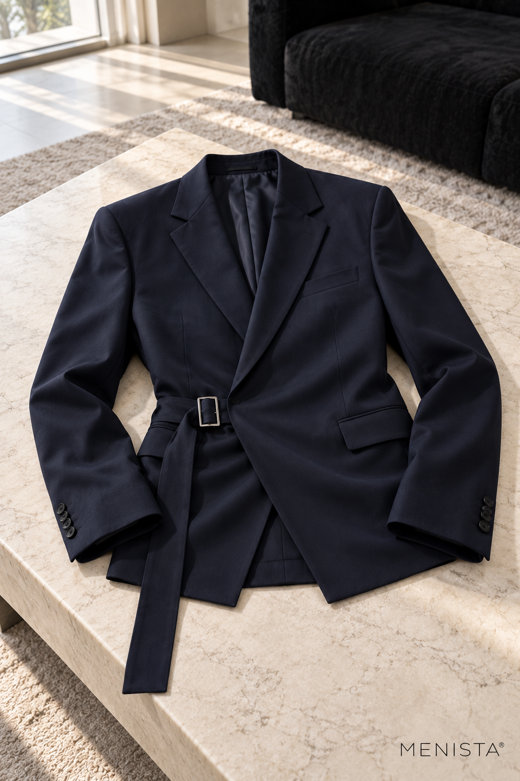 Osric Navy Buckle-Wrap Wide-Leg 2PC Suit - jacket-only still life