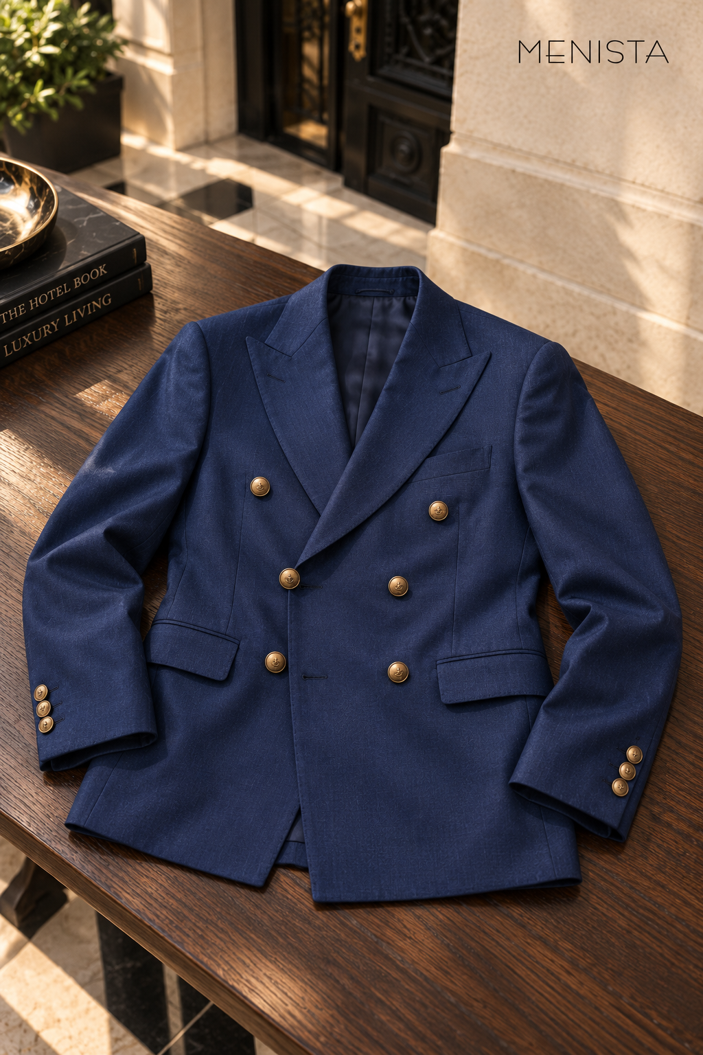 Navy double-breasted jacket resting flat on an oak table, showing six brass front buttons and three cuff buttons per sleeve.