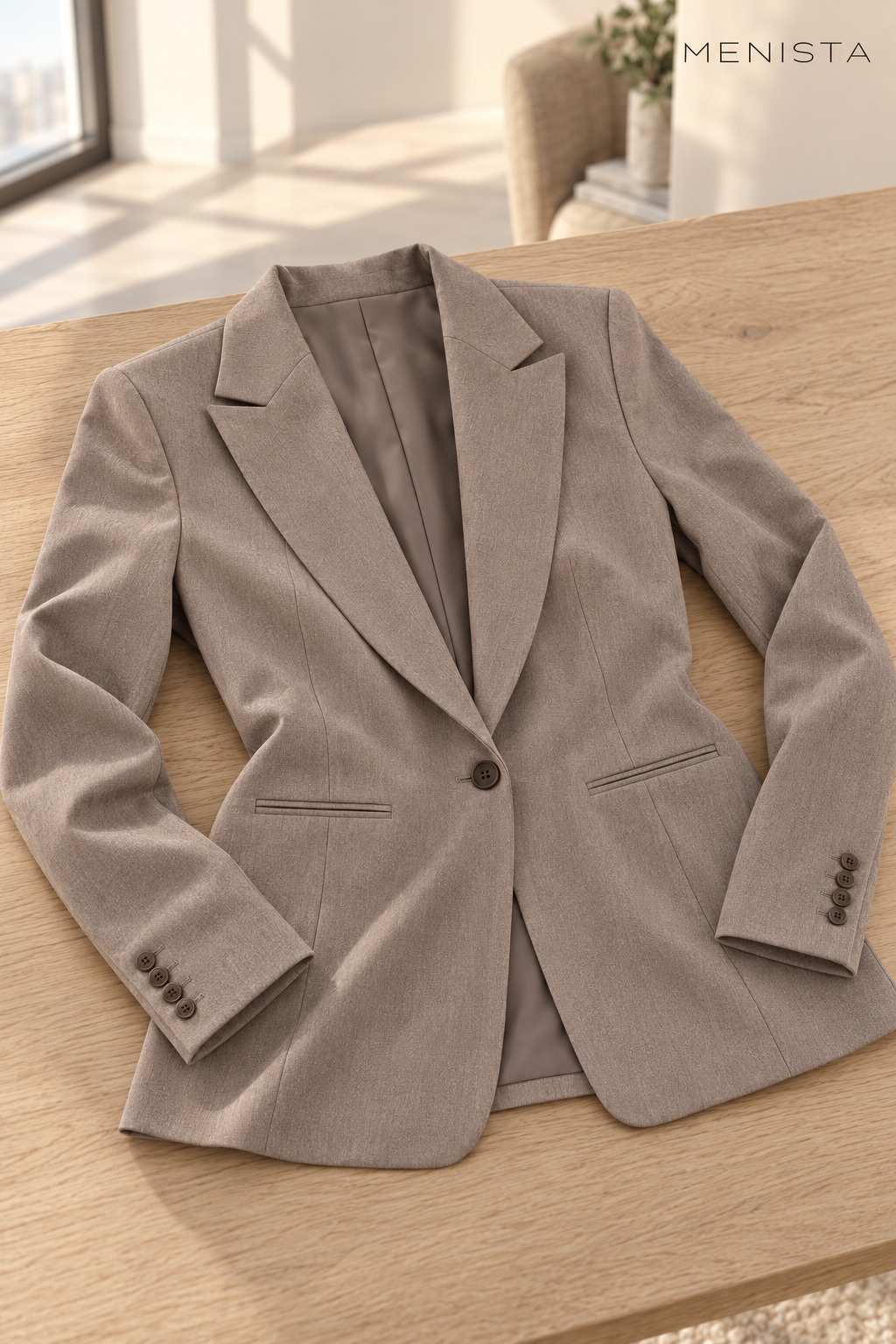 Taupe women’s single-button jacket resting flat on an oak table, showing jetted pockets and cuff detailing.