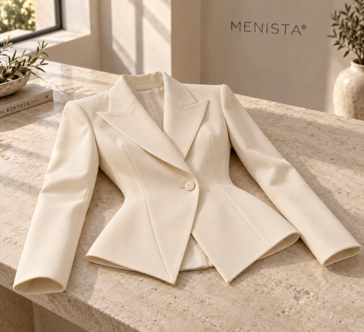 The jacket from the women’s ivory sculpted peplum jacket with plain sleeves and matching wide-leg trousers, arranged flat with naturally supported sleeves.