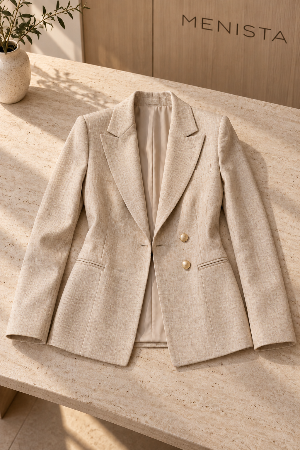 The jacket from the women’s textured beige double-breasted jacket, four-button waistcoat and matching wide-leg trousers, arranged flat with naturally supported sleeves.