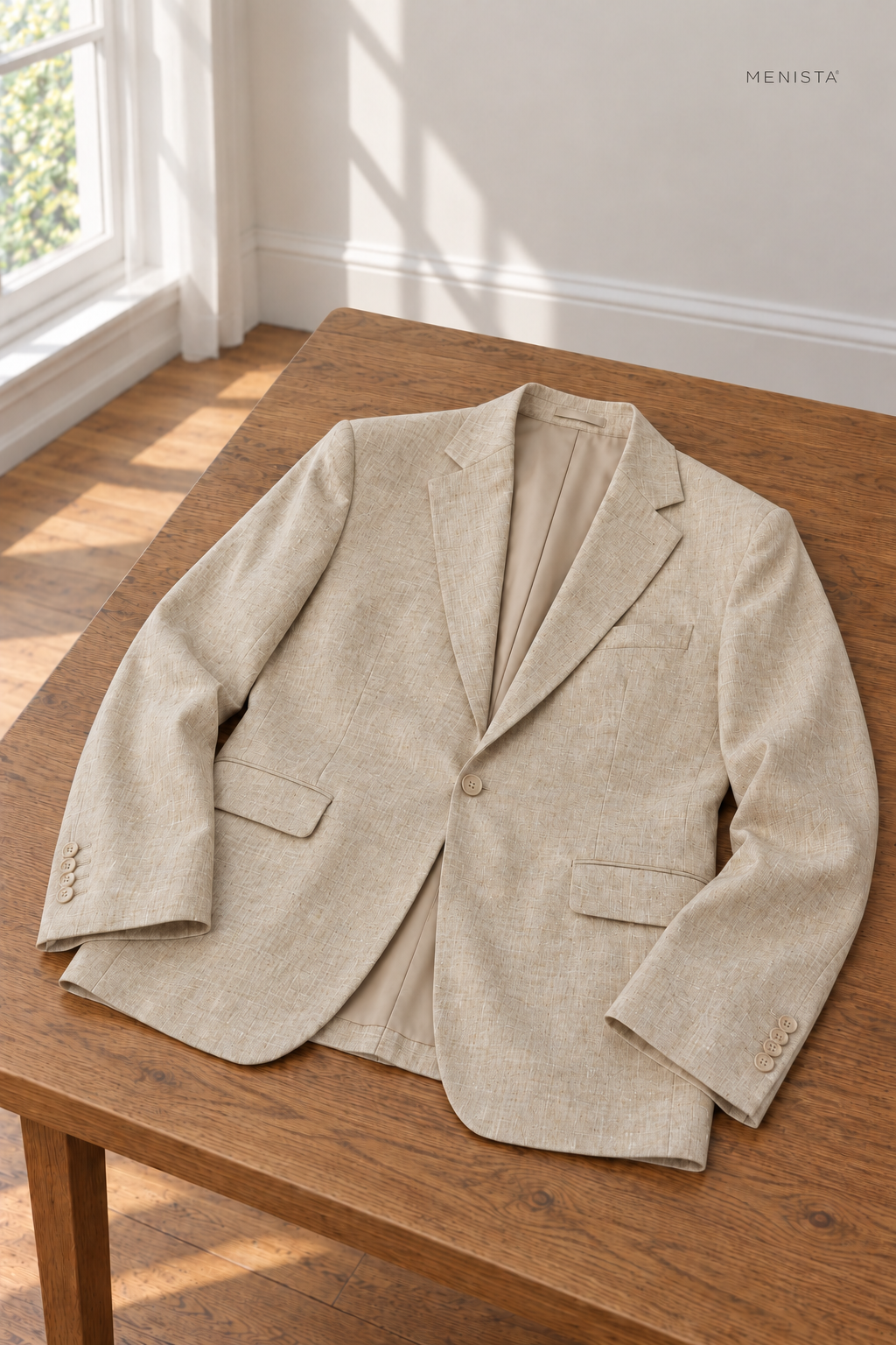 Sabbia Natural Beige 100% Linen 3PC Suit — jacket resting naturally on a flat surface