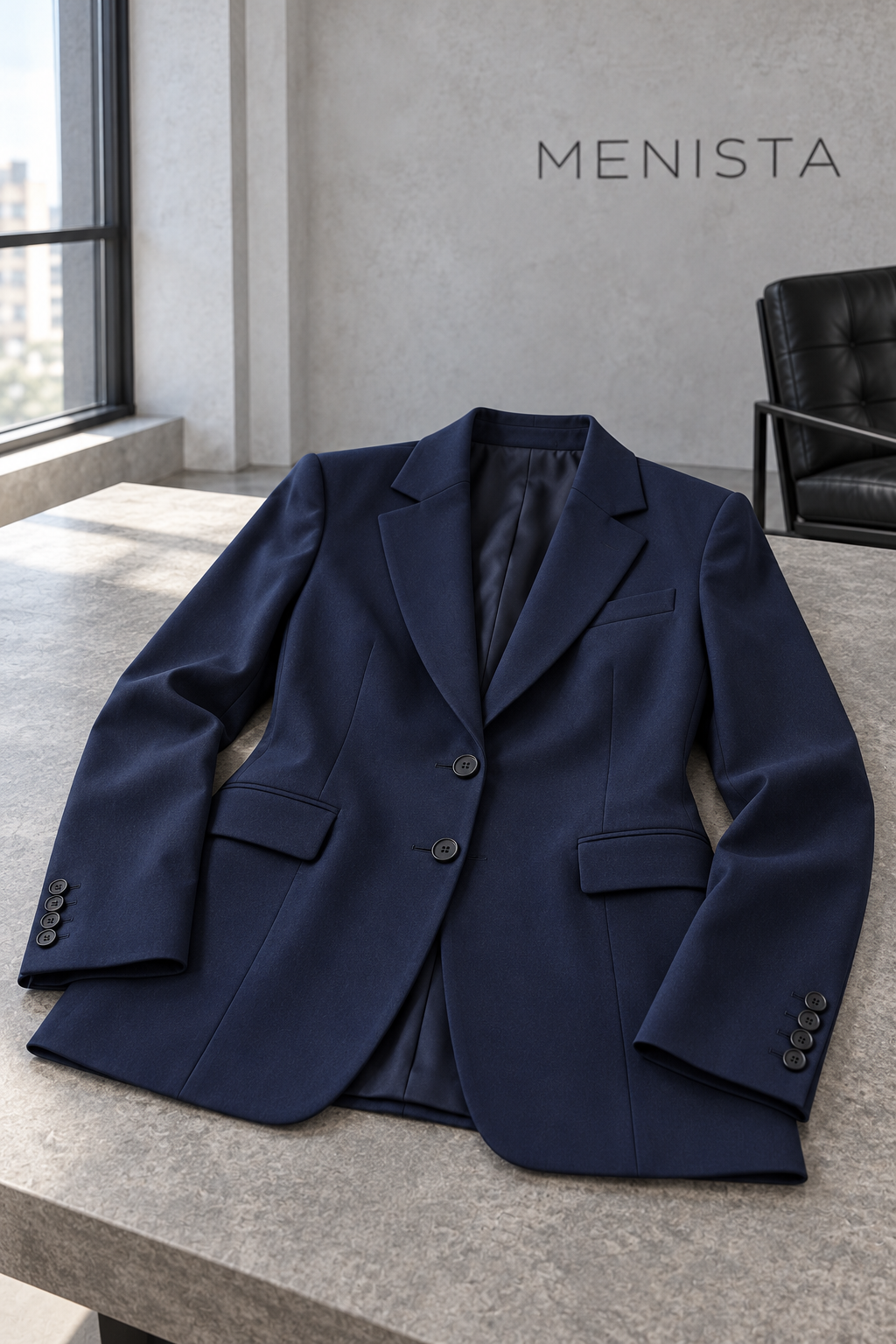 Navy women’s two-button blazer laid naturally on a broad flat surface, showing notch lapels and flap pockets.