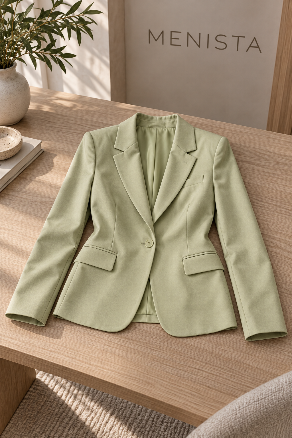 The jacket from the women’s pistachio-green single-button blazer and matching wide-leg trousers, arranged flat with naturally supported sleeves.