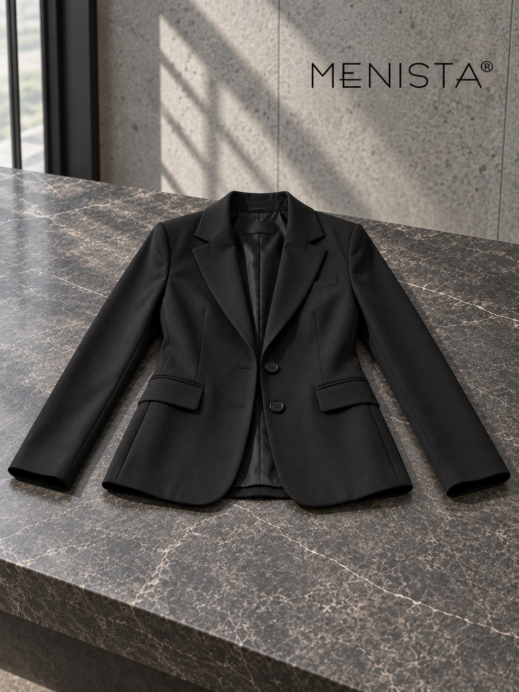 The jacket from the women’s black two-button jacket and matching wide-leg trousers, arranged flat with naturally supported sleeves.