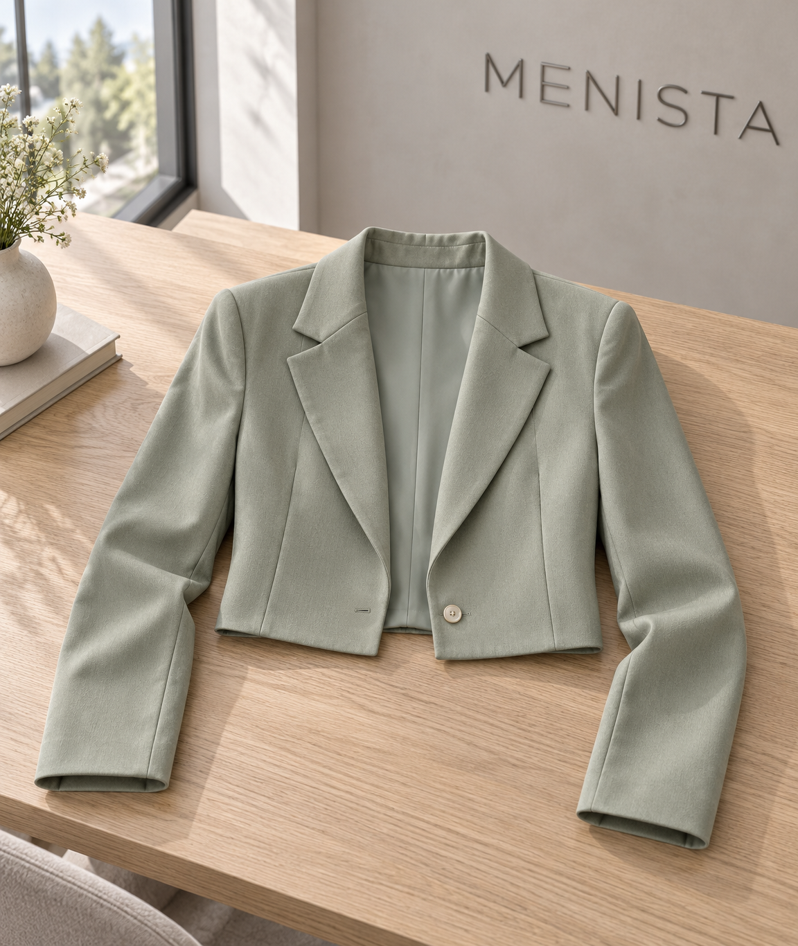 Women’s sage cropped single-button notch-lapel jacket arranged flat with naturally supported sleeves.
