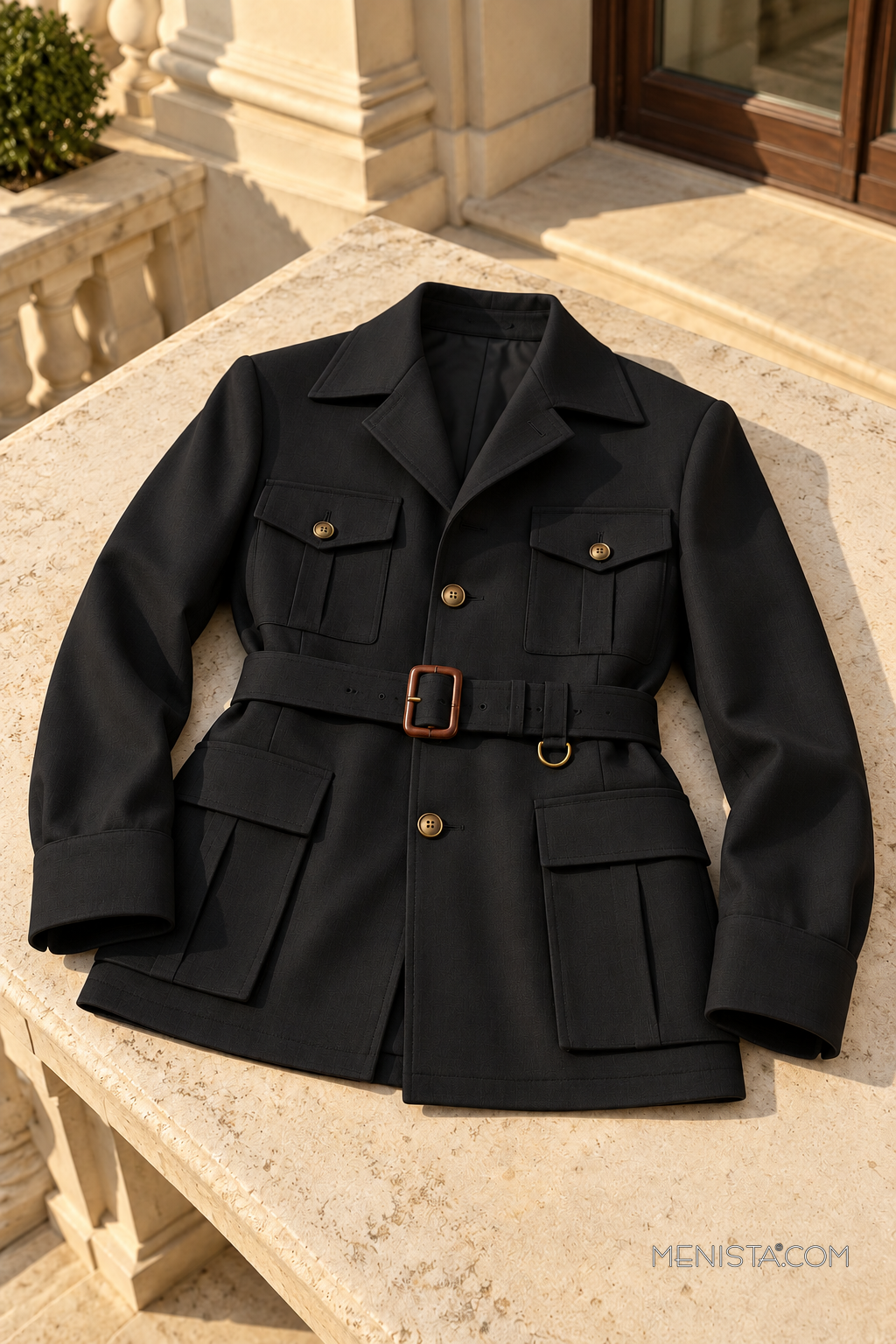 Auberon plain black hunter jacket on a pale stone table, showing four pockets, buttonholes and waist belt.