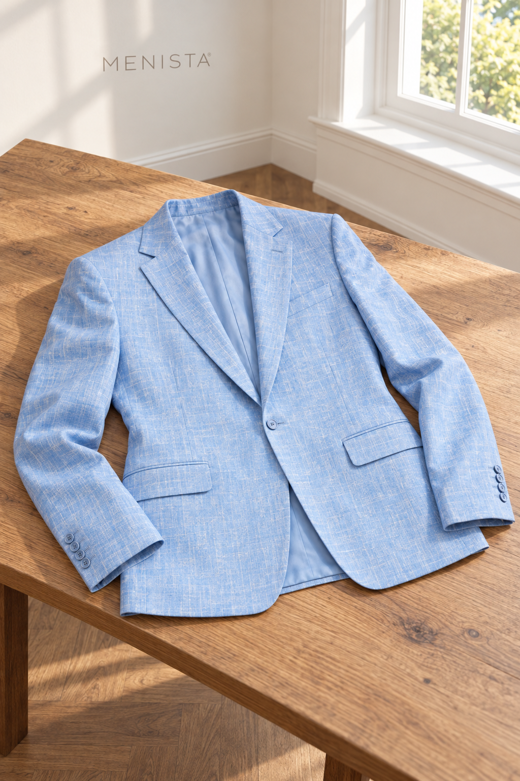 Azzurro Sky Blue 100% Linen 3PC Suit — jacket resting naturally on a flat surface