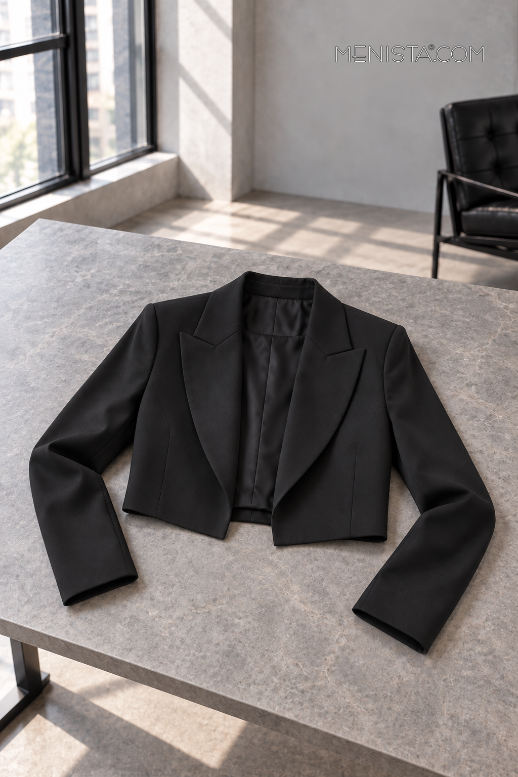Isolde jacket spread flat on a stone table, with both sleeves supported.