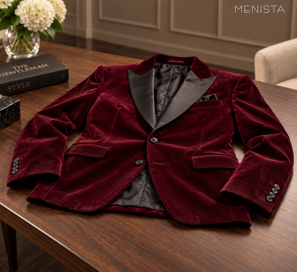 Menista maroon velvet jacket resting flat, showing black peak lapels, two front buttons and cuff construction.