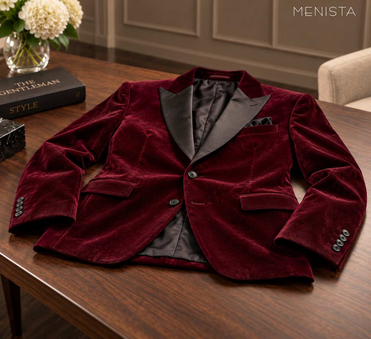Menista maroon velvet jacket resting flat, showing black peak lapels, two front buttons and cuff construction.
