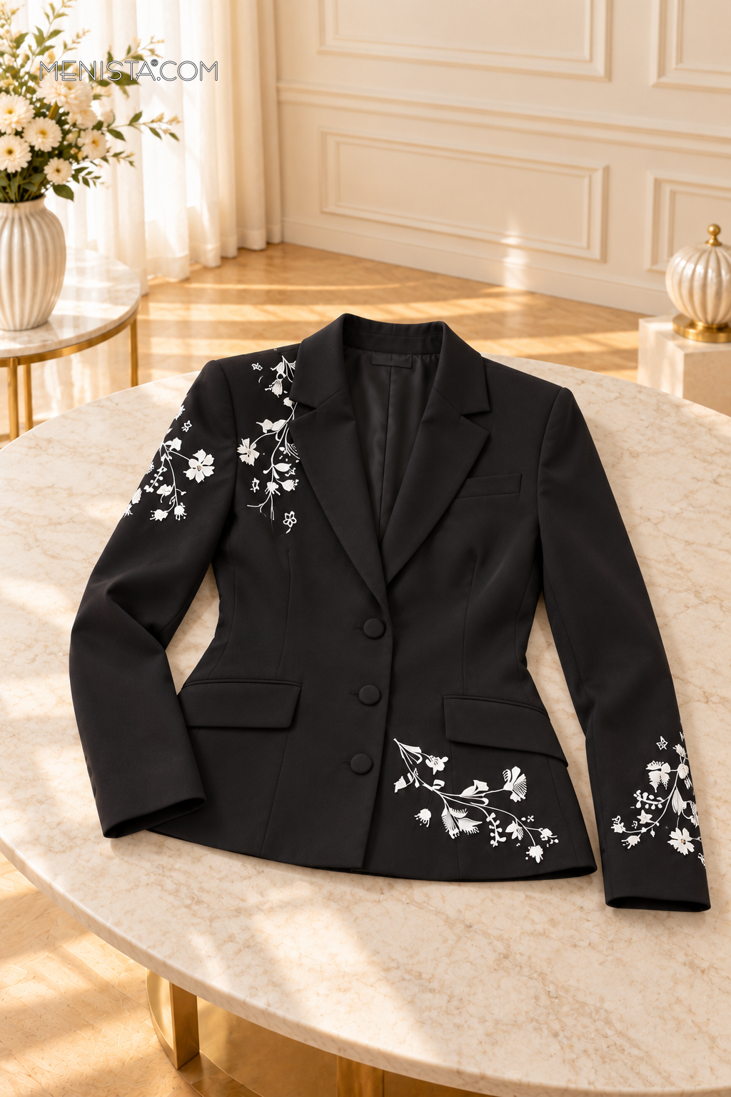 Fleurine Black and White Floral Embroidered 2PC Suit - jacket on stone table