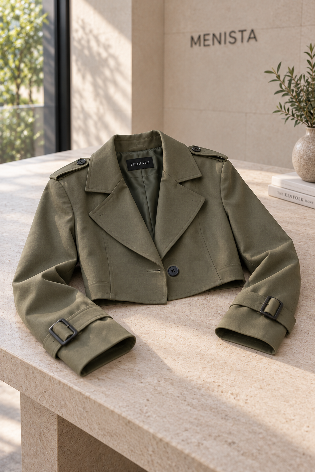 Menista women’s olive cropped trench two-piece suit — jacket-only still life on a flat surface.