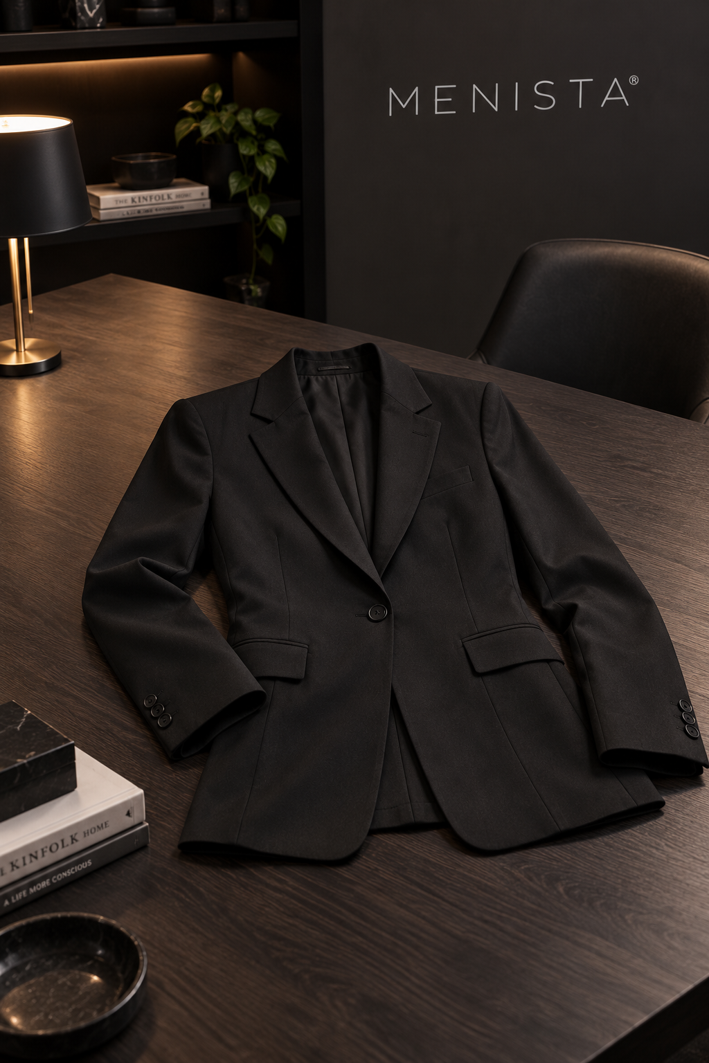 The jacket from the women’s black notch-lapel jacket, four-button waistcoat and matching wide-leg trousers, arranged flat with naturally supported sleeves.