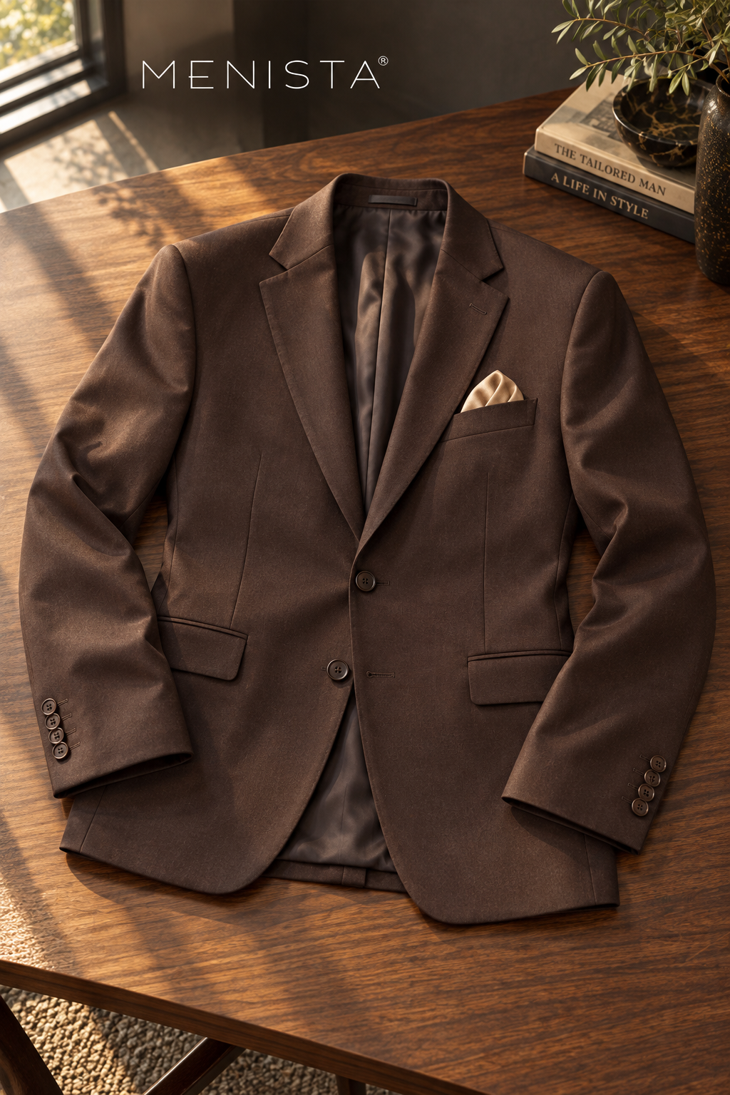 Dark brown notch-lapel jacket resting flat with supported sleeves and flap pockets.
