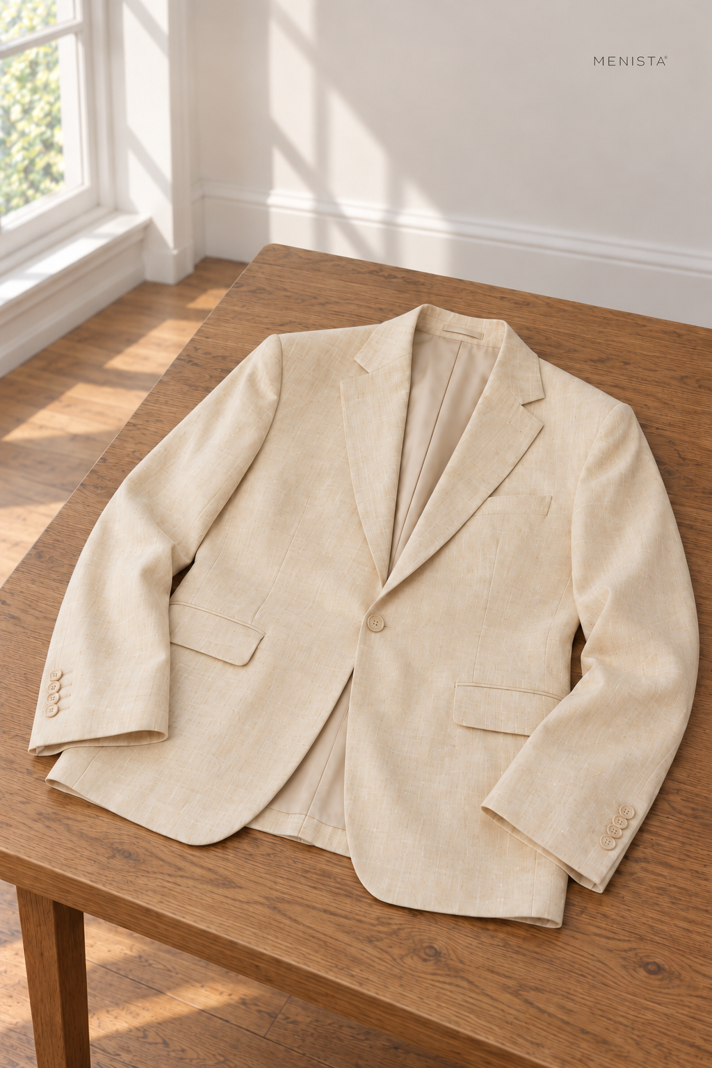 Solaro Light Cream 100% Linen 3PC Suit — jacket resting naturally on a flat surface