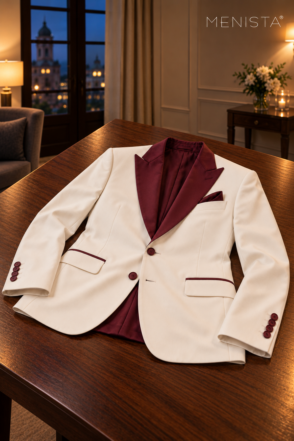 Ivory jacket resting flat on a walnut table, showing burgundy peak lapels, two front buttons and four plastic cuff buttons per sleeve.