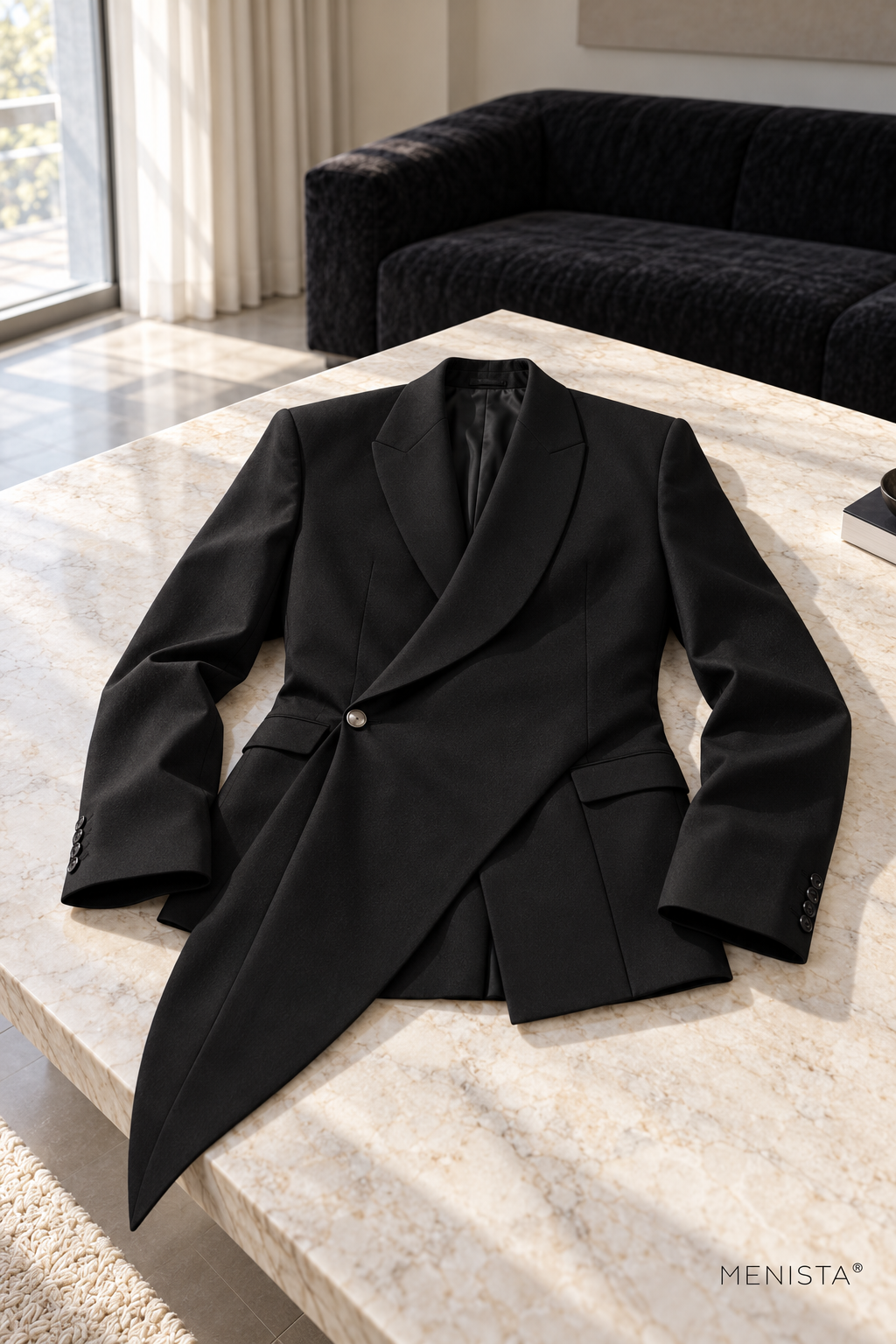 Darian Black Asymmetric Draped 2PC Suit - jacket-only still life